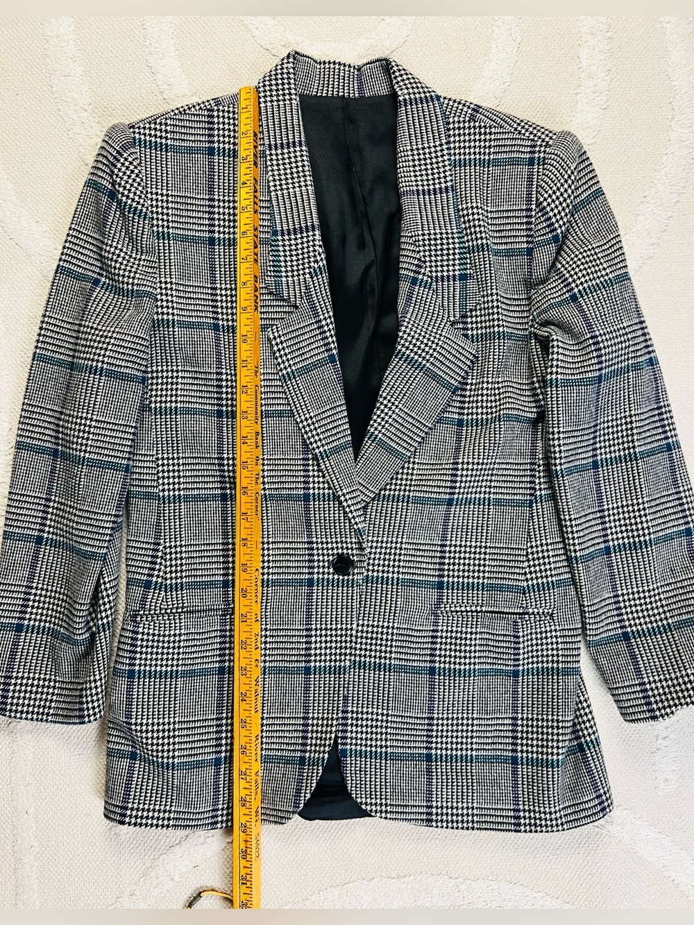 Vintage 90s Glen Plaid Boyfriend Blazer – Black, White & Teal – M/L - Picture 10 of 13